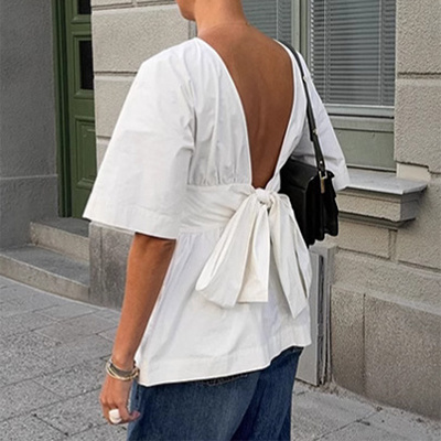 Backless Short Sleeve T-shirt With Back-tied Design Fashion Bat Sleeve Top