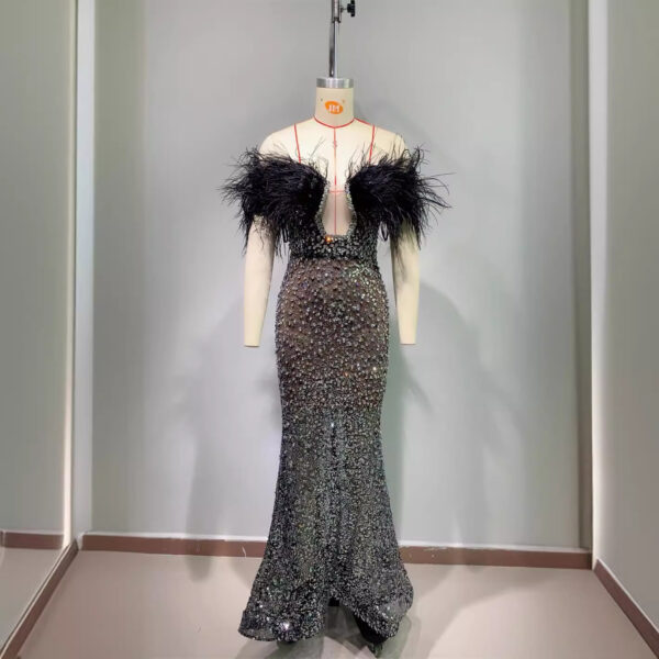 Luxury Feather Rhinestone V-neck Tube Top Sequins Dress