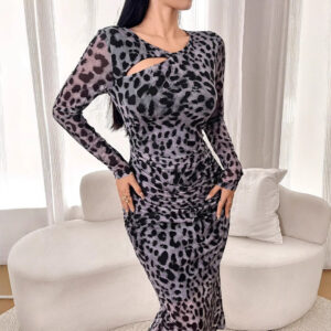 Mesh Hollow-Out Leopard Print Bodycon Long-Sleeve Dress
