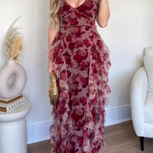 Elegant Floral Ruffled Suspender Dress