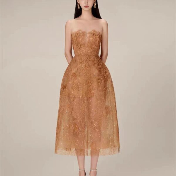 Three-dimensional Flower Sequins See-through Heavy Industry Tube Top Light Luxury Dress