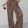 Leopard Print High Waisted Wide-Leg Pants Elegant Drawstring Loose Long Trousers