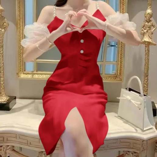 Light Luxury Off-shoulder Design V-neck Camisole Dress