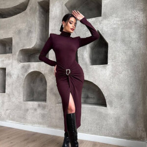 Womens Long-sleeve Sexy High-slit Bodycon Dress