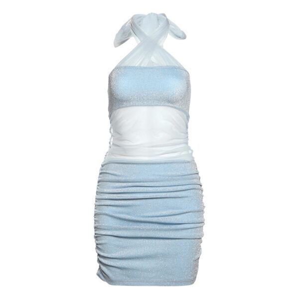 Womens Stylish Halterneck Sheer Mesh Patchwork Bodycon Dress