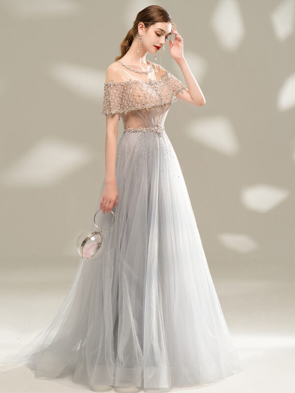 Ladies Evening Dress Gray Long Banquet Temperament