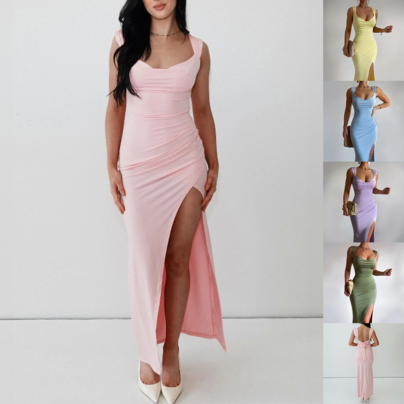 sleeveless slit bodycon dress women back tie elegant party outfit