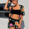High-Waisted Two-Piece With Print Sun-Protective Cover-Up Three-Piece Set
