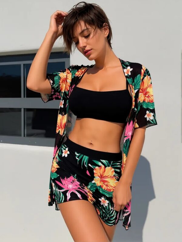 High-Waisted Two-Piece With Print Sun-Protective Cover-Up Three-Piece Set