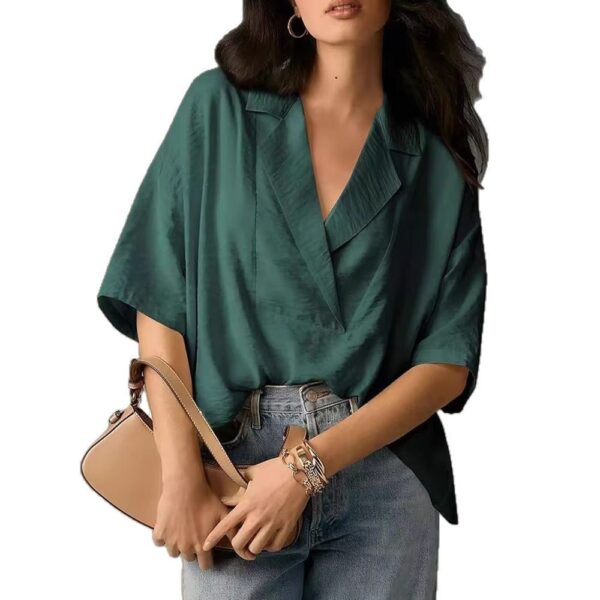 Casual Loose Short Sleeve Lapel  Collar Large V-Neck Fashionable Women's Shirt Tops