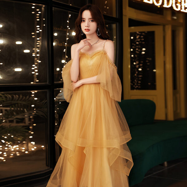 Banquet Evening Dress Princess Strap Yellow Forest Style