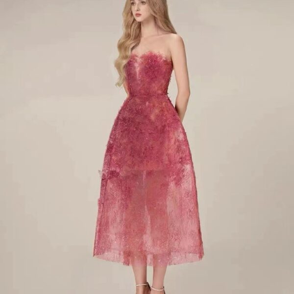 Three-dimensional Flower Sequins See-through Heavy Industry Tube Top Light Luxury Dress