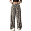 Leopard Print High Waisted Wide-Leg Pants Elegant Drawstring Loose Long Trousers