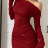 Stylish, Shimmering One-shoulder, Long-sleeved Bodycon Dress