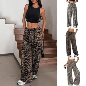 leopard print high waist wide leg pants women loose fit fashion trousers