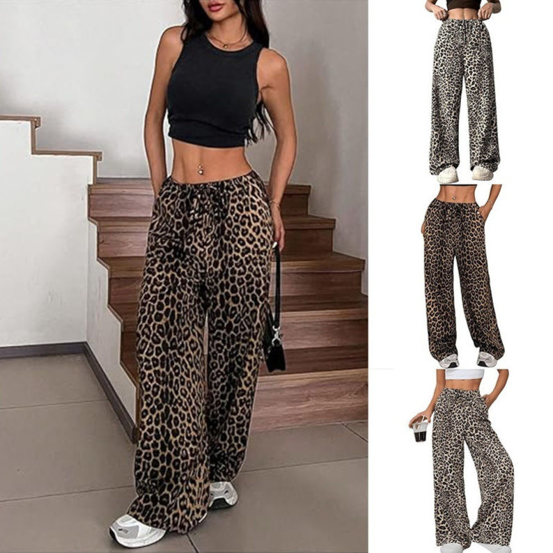 leopard print high waist wide leg pants women loose fit fashion trousers