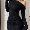 Stylish, Shimmering One-shoulder, Long-sleeved Bodycon Dress