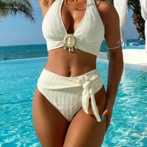 Ladies' White Split Beach Bikini Swimwear With Shell Embellishment
