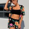High-Waisted Two-Piece With Print Sun-Protective Cover-Up Three-Piece Set