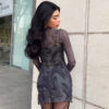 Mesh Halter Print Bodycon Dress Two-piece Set