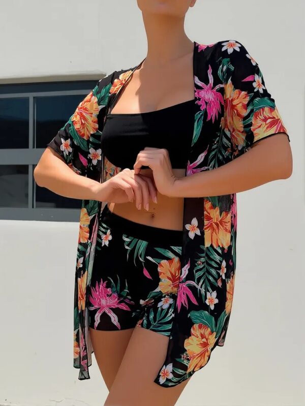 High-Waisted Two-Piece With Print Sun-Protective Cover-Up Three-Piece Set