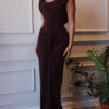 Brown Swoosh Collar Sleeveless Maxi Dress
