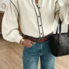 Beige Contrast Color Trim Button Down Long Puff Sleeve Shirt