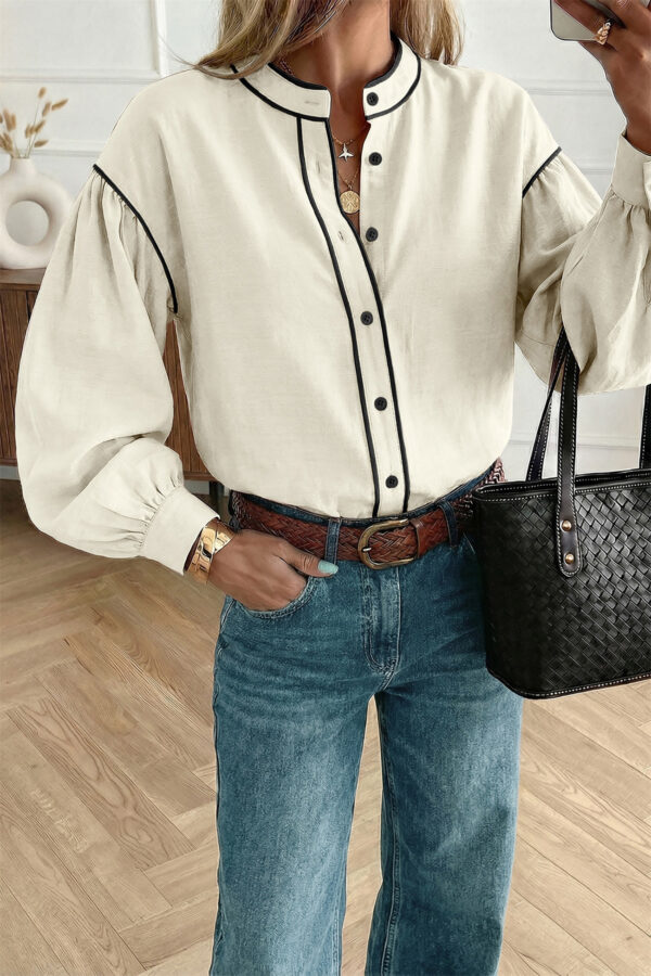 Beige Contrast Color Trim Button Down Long Puff Sleeve Shirt