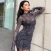 Mesh Halter Print Bodycon Dress Two-piece Set