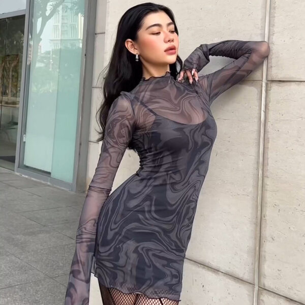 Mesh Halter Print Bodycon Dress Two-piece Set