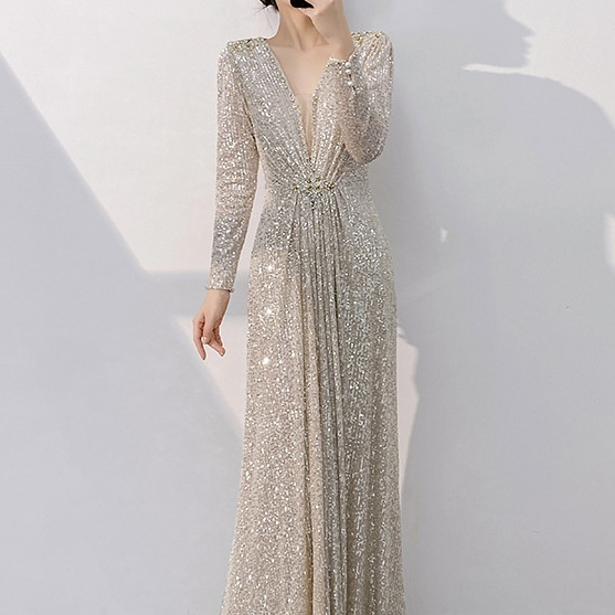 Silver Banquet Evening Dress Long Sleeve Slim-fit Light Luxury Sequins