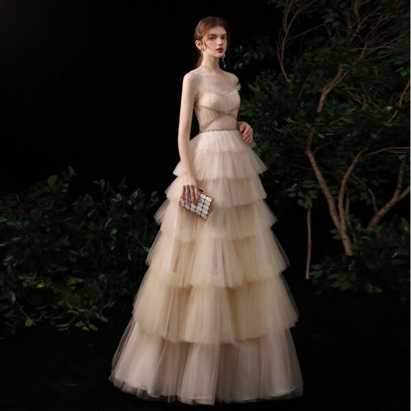 Gold Suspender Strapless Evening Dress Female Banquet Temperament Host