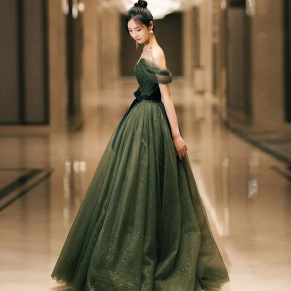 Banquet Evening Dress New Green Off-shoulder
