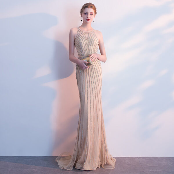 Champagne Goldfish Tail Banquet Evening Dress