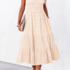 Rose Shirred Pleated Square Neck Sleeveless Midi Dress