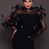 Feather Design Long Sleeve Soft Velvet Dress