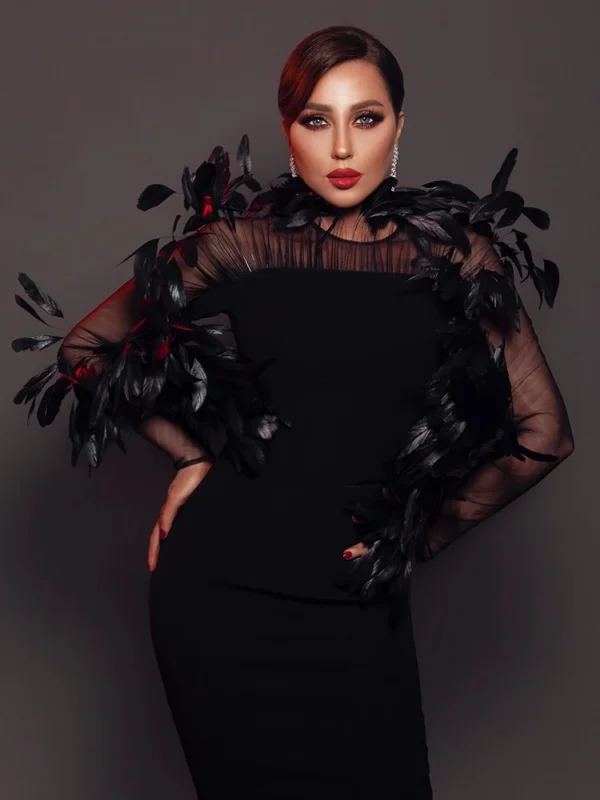 Feather Design Long Sleeve Soft Velvet Dress