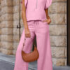 Apricot Textured Ruffled Sleeve Zipped Top and Wide Leg Pants Set