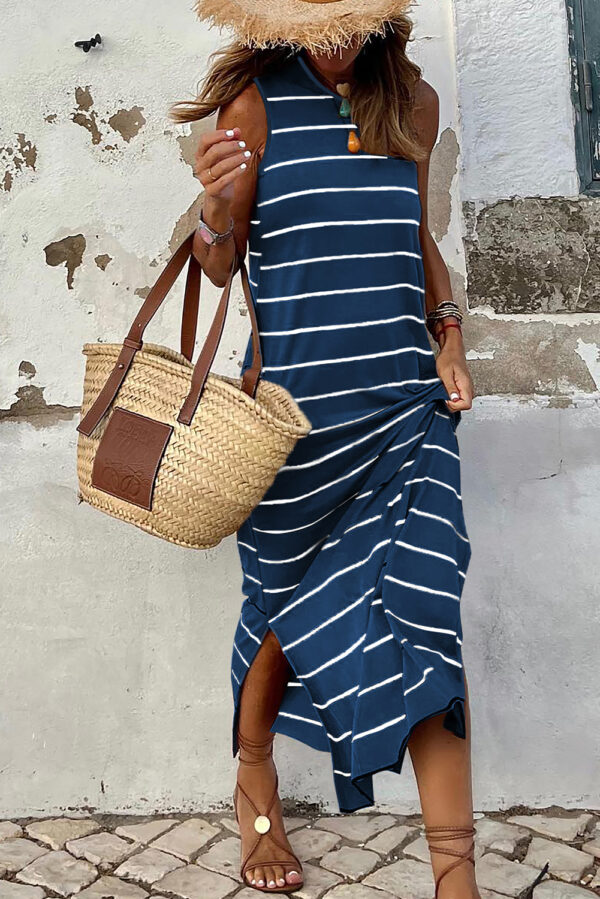 White Stripe Print Open Back Sleeveless Maxi Dress with Slits