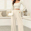 Beige Solid Color Textured Elastic Waist Wide Leg Pants