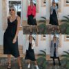 Women Satin Deep V Neck Sexy Dress Solid Straight Pajamas Party Dress
