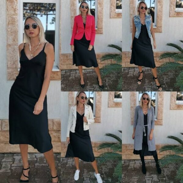 Women Satin Deep V Neck Sexy Dress Solid Straight Pajamas Party Dress
