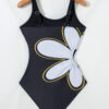 Black Drawstring Big Hole Floral Print Sleeveless One Piece Swimsuit