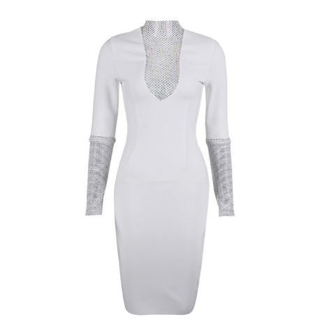 Sexy Mesh Diamond Ladies Long Sleeve Bandage Slim Dress