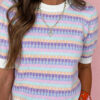 Orange Abstract Striped Knit Short Sleeve Sweater