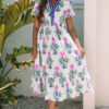 Sky Blue Floral Puff Short Sleeve V Neck High Waist Maxi Dress