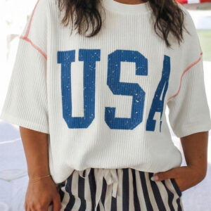 White Plus Size Twisted Rib Vintage USA Letter Printed T Shirt