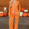 Orange Halloween Print Lapel Shirt Long 2pcs Pajama Set