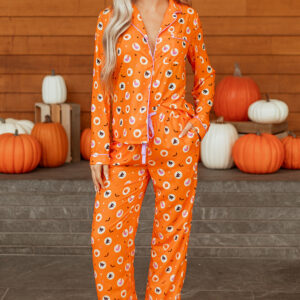 Orange Halloween Print Lapel Shirt Long 2pcs Pajama Set