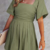 Sky Blue Brown Square Neck Ruched Puff Sleeve Romper